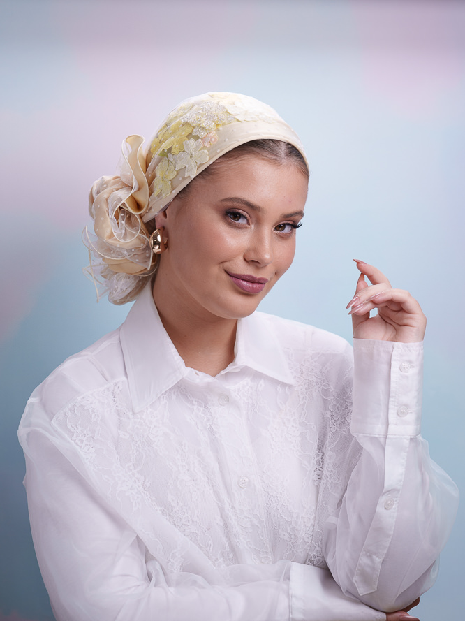 Headscarf Prescious Gold with flowers Yellow and Tulle