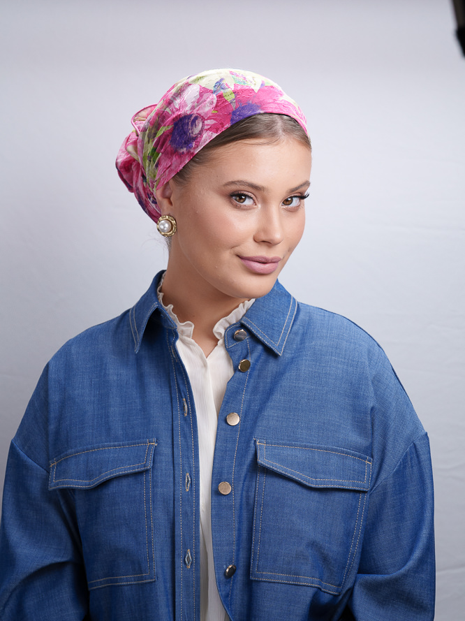 Printed Headscarf Floral Pink Fuchsia, purple and green