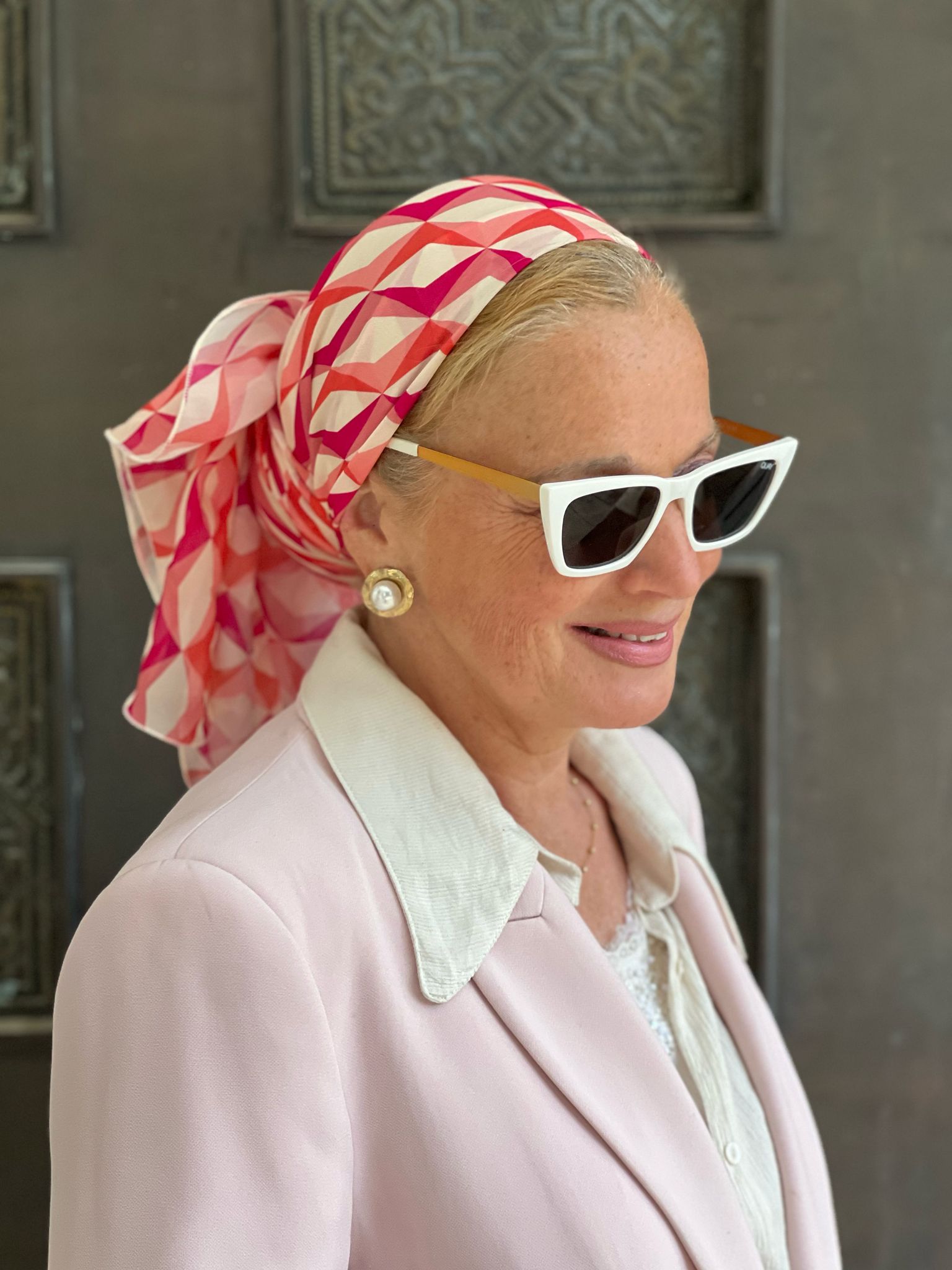 Scarf With Vibrant Pink And Orange Geometric Print