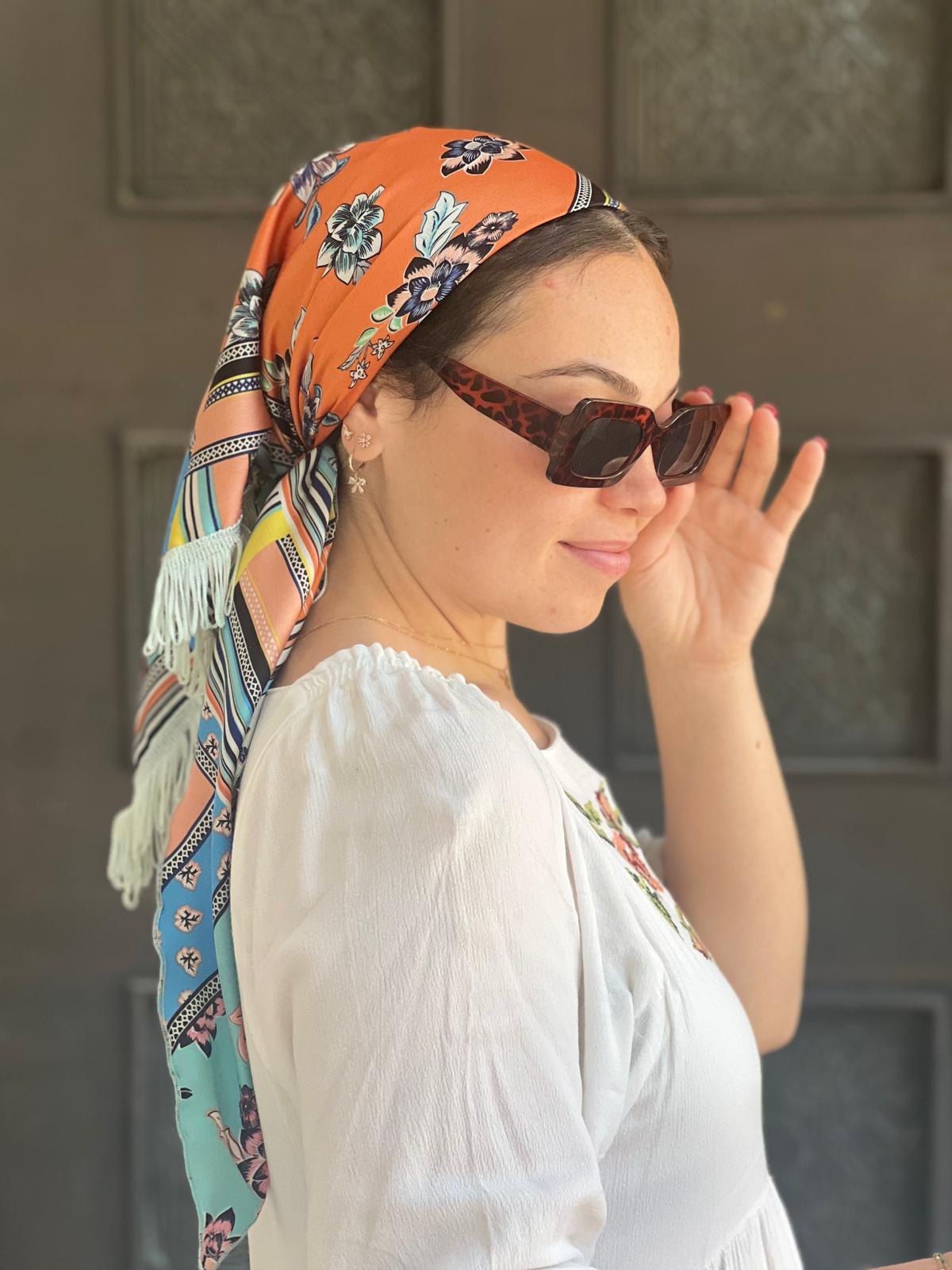 Triangle Printed Square Scarf With Orange, Blue, And Pink Motifs With Or Without Fringes