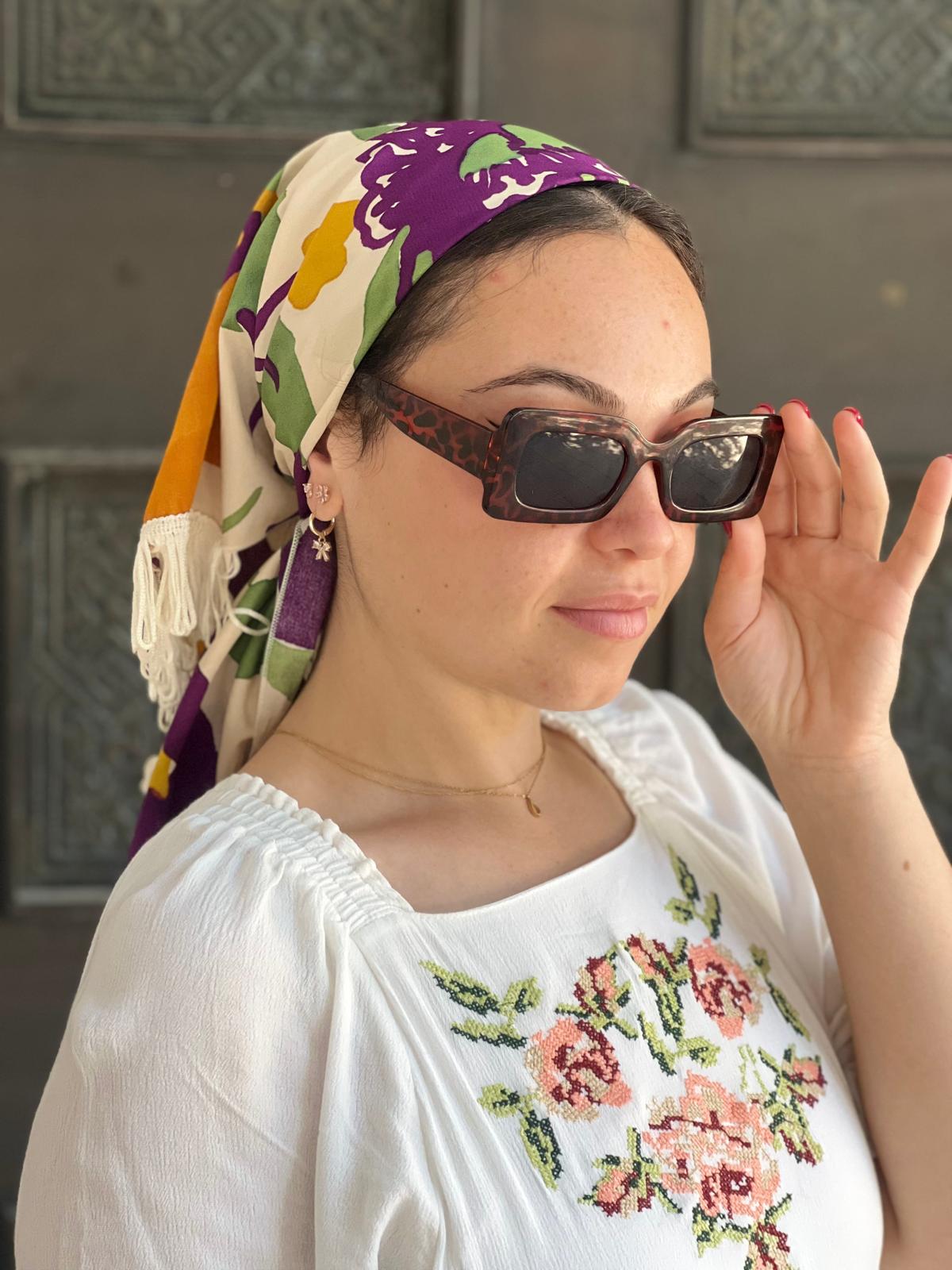 Yellow, Cream, Purple, and Green Floral Printed Cotton Triangle With or Without Fringes