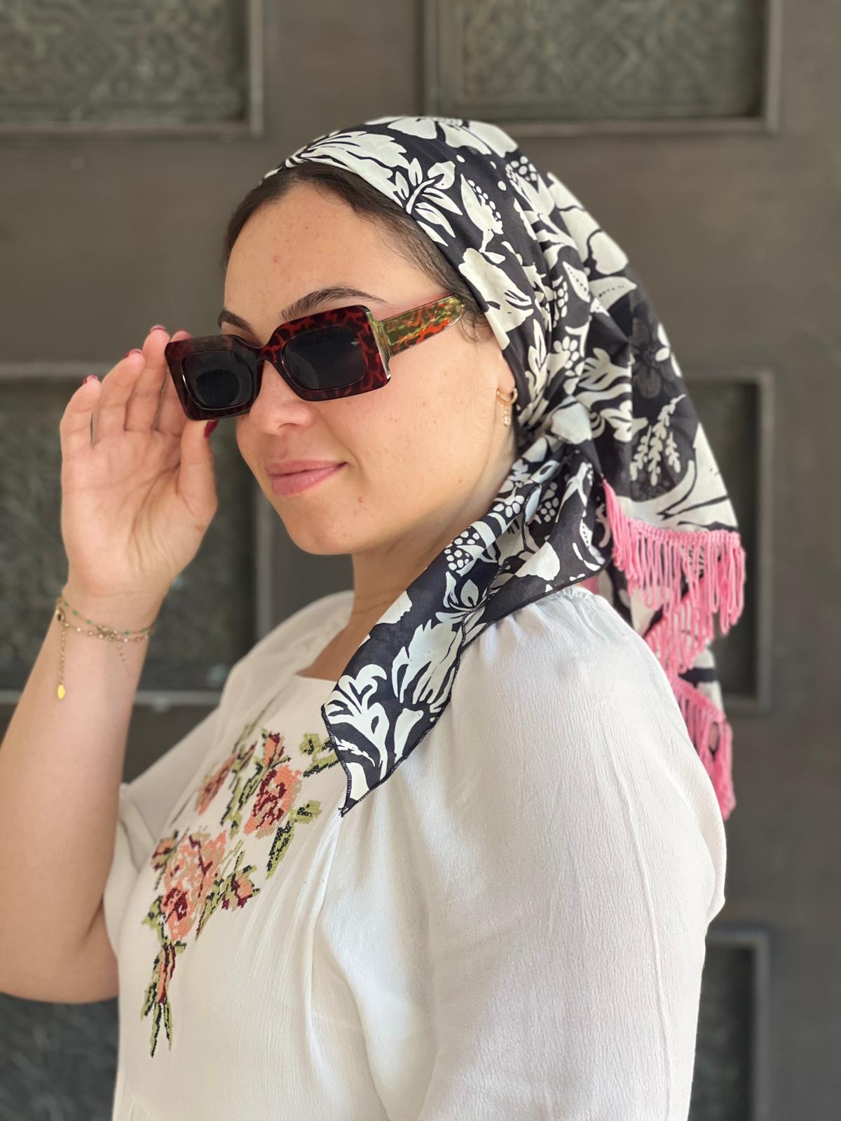 Black and White Floral Printed Cotton Triangle With Or Without Fringes