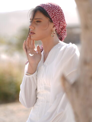 Garnet Red Scarf With White Petal Print