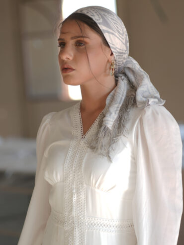 Gray satin triangle scarf with white prints (with or without fringes)