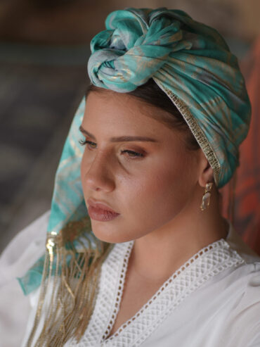 Light blue long scarf with gold fringe details