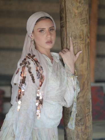 Long nude mousseline scarf embellished with copper sequins