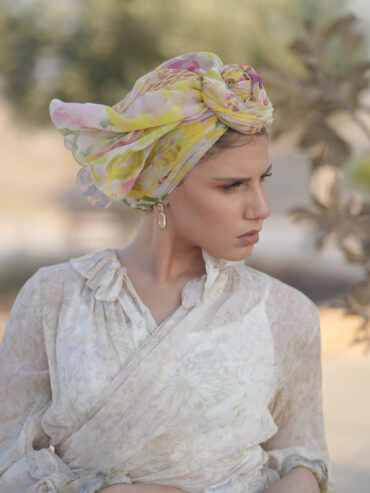 Yellow scarf with colorful prints