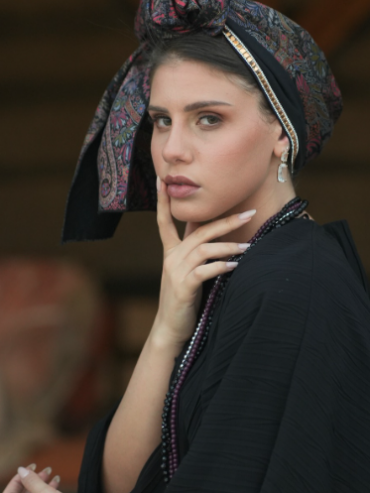 Long black scarf with paisley pattern