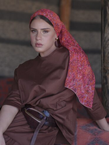 Coral long scarf with delicate pink floral prints and touches of golden threads